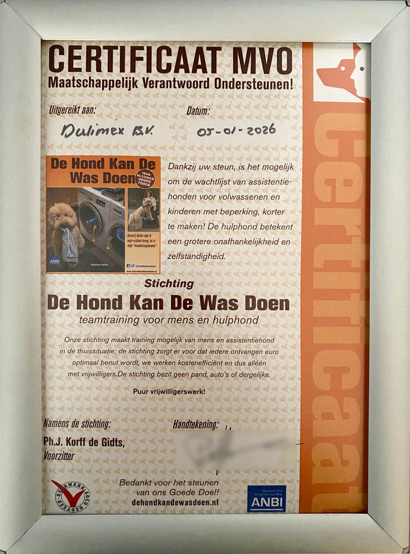 certificaat sponsor stichting de hond kan de was doen